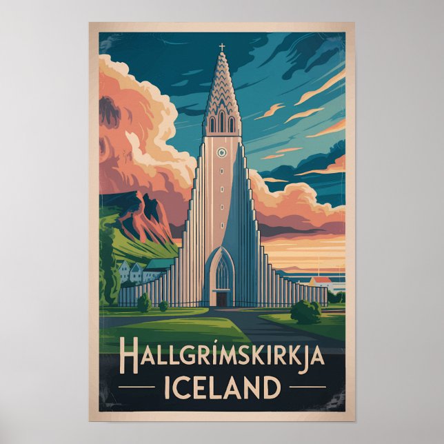 Island Hallgrimskirkja Illustration Resa Konst Poster (Framsidan)
