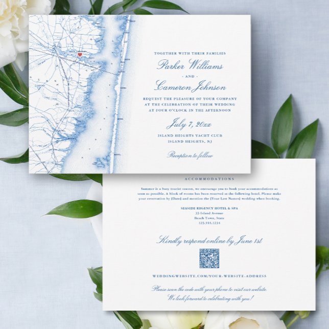 Island Heights NJ all-in-one QR code OSA Bröllop Inbjudningar (Island Heights NJ Elegant QR Code RSVP all-in-one wedding invitation with elegant navy blue map)