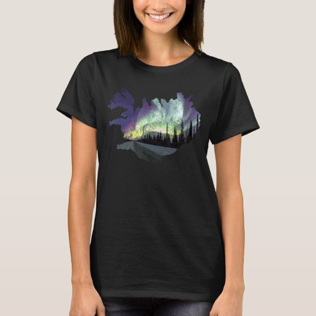 Island Karta Fire Ice Northern Light Islands Souv T Shirt (Framsida)