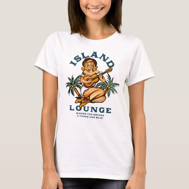 Island Lounge Tropical Musician Tattoo Guitar Girl T Shirt (Framsida)