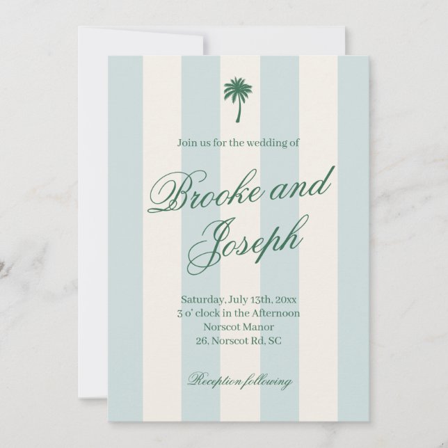 Island Palm Stripe Cabana Strand Retro blå bröllop Inbjudningar (Framsida)
