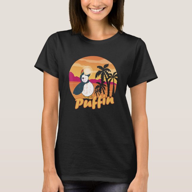 Island: Puffin Bird Beach Handflatan Träd Puffi T Shirt (Framsida)