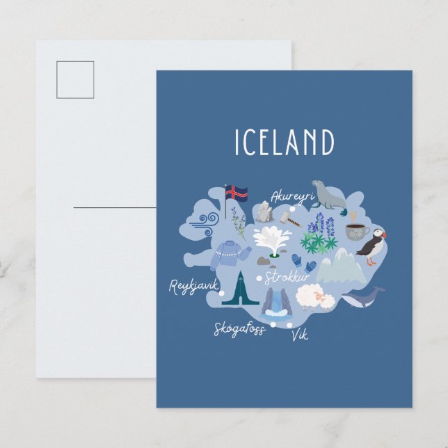 Island reskarta (mörkblå) vykort (Fram/baksida)
