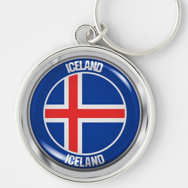 Island Round Emblem Rund Silverfärgad Nyckelring (Framsidan)