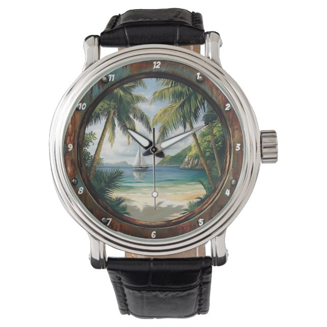 "Island Time" - Nautilus Fönster Tropisk Strand Armbandsur (Framsida)