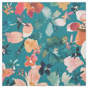 ISLAND TIME Watercolor Tropical Blommigt on Teal Tyg