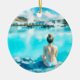 Islandet Blå lagun, vattenfärg Julgransprydnad Keramik