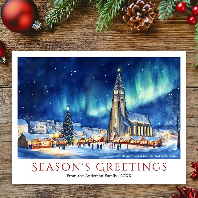Islandet Watercolor Reykjavik - Resjul Helg Vykort (Watercolor Reykjavik Iceland Travel Christmas Holiday Postcard)
