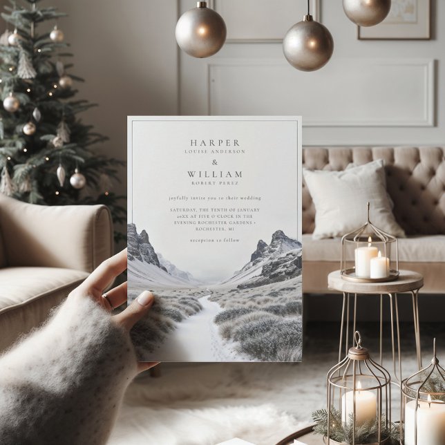 Islandets vinterutrymning bröllop inbjudningar (stylish wedding invitation with a calm and scenic winter view)
