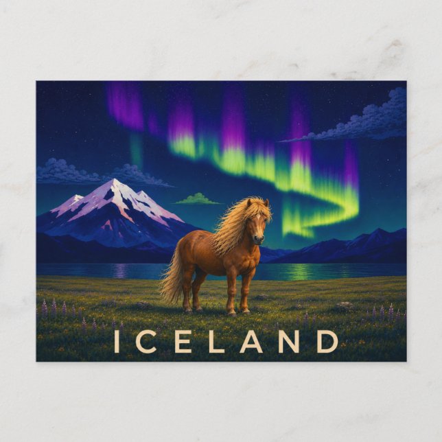 Isländsk häst under Aurora | Ikoniska Island Vykort (Framsida)