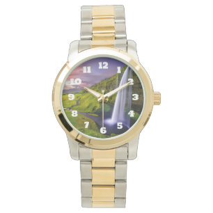 Isländsk Vattenfall Grön Natur Foto Armbandsur