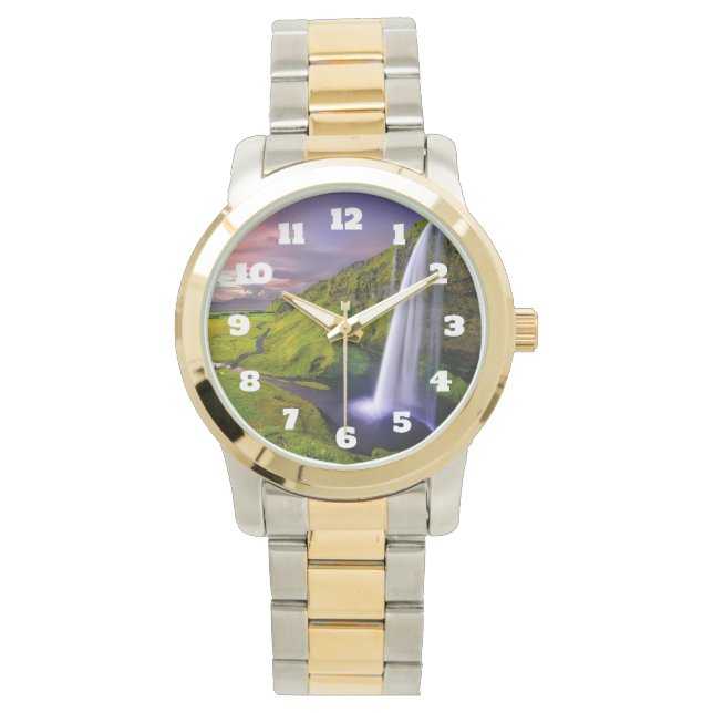 Isländsk Vattenfall Grön Natur Foto Armbandsur (Framsida)