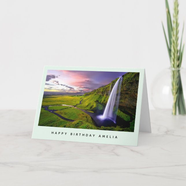 Isländsk Vattenfall Grön Natur Foto Födelsedag Kort (Framsida)
