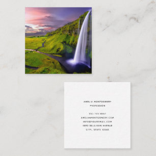 Isländsk vattenfall Grön Natur Foto Fyrkantigt Visitkort