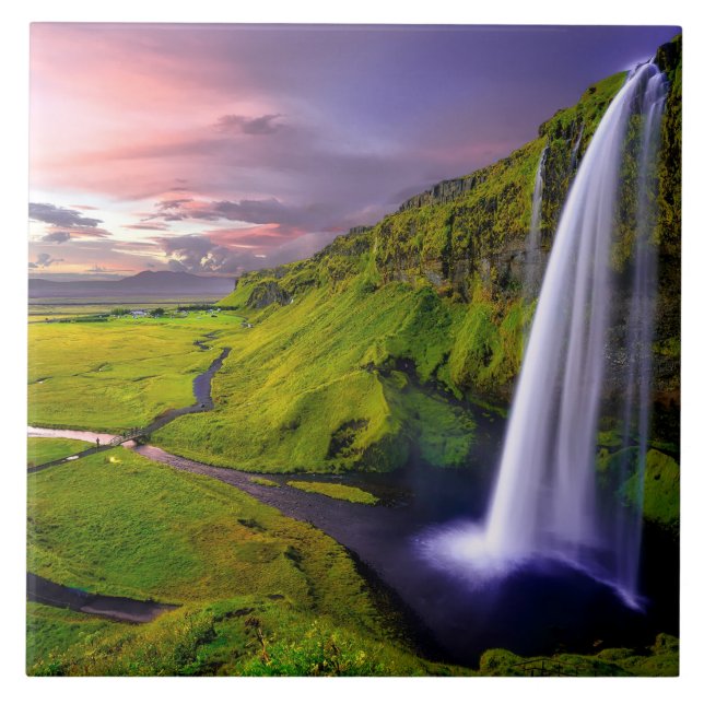 Isländsk vattenfall Grön Natur Foto Kakelplatta (Framsidan)