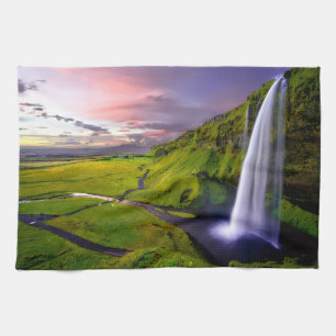 Isländsk vattenfall Grön Natur Foto Kökshandduk