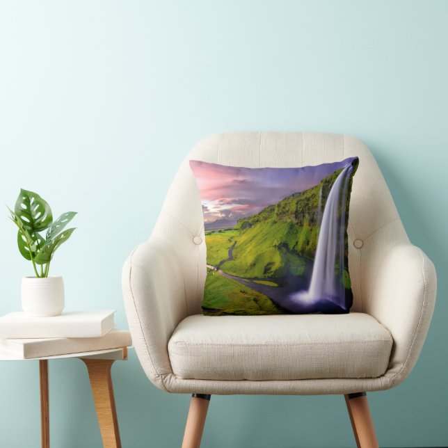 Isländsk Vattenfall Grön Natur Foto Kudde (Stol)