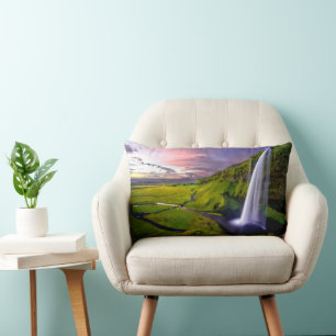 Isländsk Vattenfall Grön Natur Foto Lumbarkudde