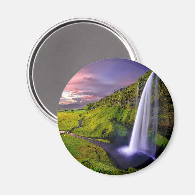 Isländsk Vattenfall Grön Natur Foto Magnet (Front/Back)