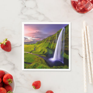 Isländsk Vattenfall Grön Natur Foto Pappersservett