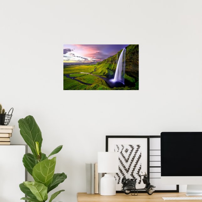Isländsk vattenfall Grön Natur Foto Poster (Hemmakontoret)
