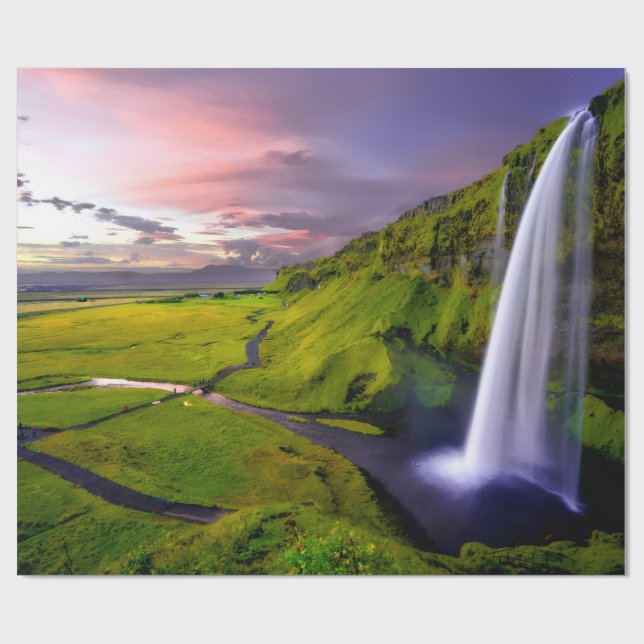 Isländsk vattenfall Grön Natur Foto Presentpapper (Platt)