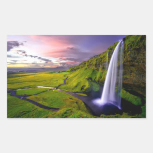 Isländsk Vattenfall Grön Natur Foto Rektangulärt Klistermärke