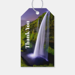 Isländsk Vattenfall Grön Natur Foto Tack Presentetikett