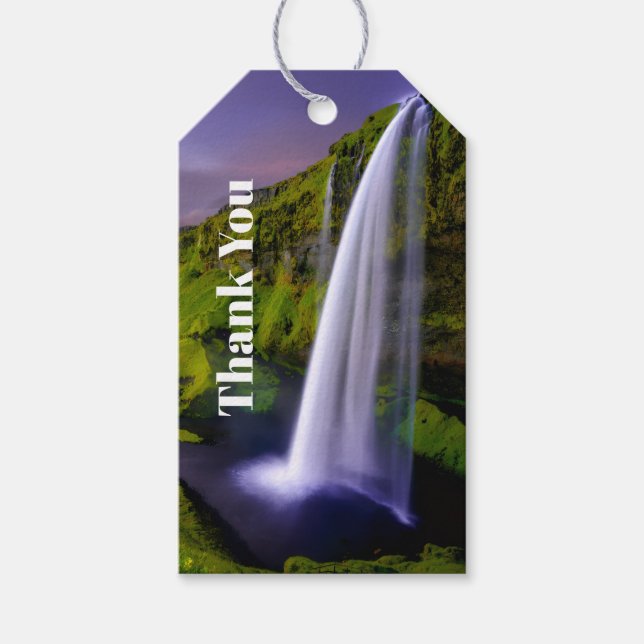 Isländsk Vattenfall Grön Natur Foto Tack Presentetikett (Framsidan)