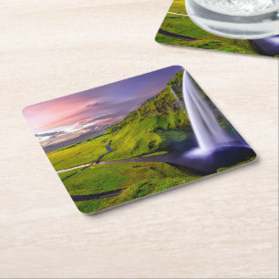Isländsk vattenfall Grön Natur Foto Underlägg Papper Kvadrat