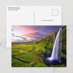 Isländsk Vattenfallsbild Grön Natur Foto Vykort