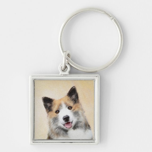 Isländskt fårhundsmålning - Originalkonst av Hund Fyrkantig Silverfärgad Nyckelring (Framsidan)