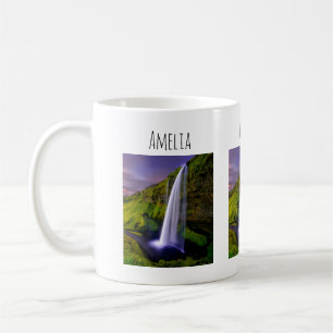 Isländskt vattenfall Grön Natur Foto Kaffemugg