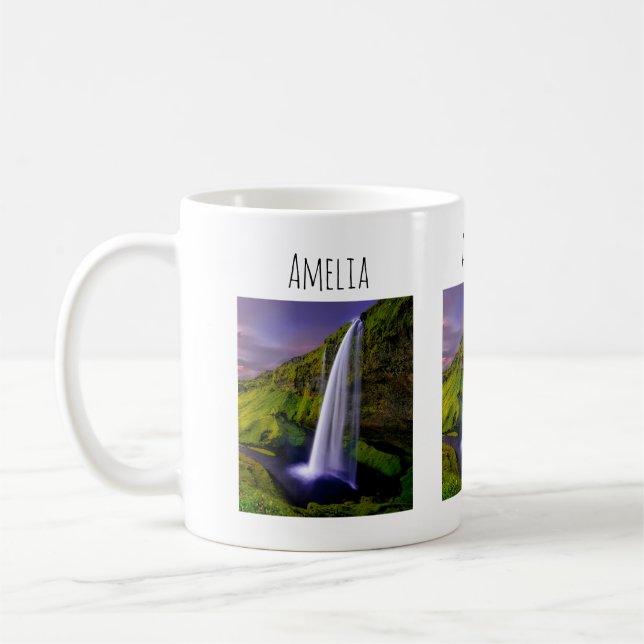 Isländskt vattenfall Grön Natur Foto Kaffemugg (Vänster)