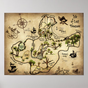 Isle of Borttappad Treasure Karta med Jolly Roger Poster