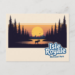 Isle Royale Älg Solnedgång Vintage Konst Vykort