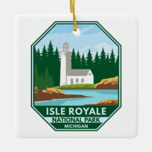 Isle Royale National Park Lighthouse Retro Emblem Julgransprydnad Keramik