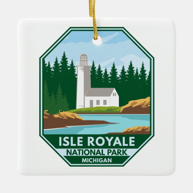 Isle Royale National Park Lighthouse Retro Emblem Julgransprydnad Keramik (Framsida)