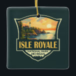 Isle Royale nationalpark Illustration Retro Badge Julgransprydnad Keramik<br><div class="desc">Isle Royale-vektorteckningsdesign. Parken består av Isle Royale och hundratals närliggande öar,  liksom vatten i Sjö Superior,  i delstaten Michigan.</div>