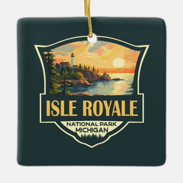 Isle Royale nationalpark Illustration Retro Badge Julgransprydnad Keramik (Framsida)