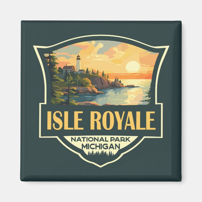 Isle Royale nationalpark Illustration Retro Badge Magnet (Framsidan)