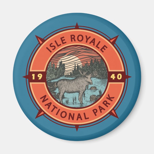 Isle Royale nationalpark Moose Retro Compass Magnet (Framsidan)