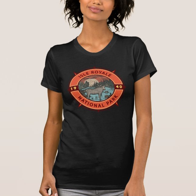 Isle Royale nationalpark Moose Retro Compass T Shirt (Framsida)