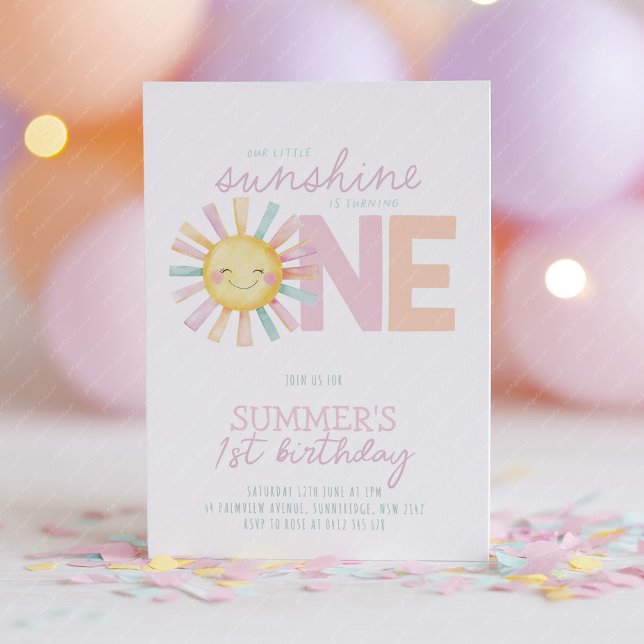 Isn't She Onederful Sun Girl Pastel 1st Birthday Inbjudningar (Our little sunshine is turning one! Cute pastel sun 1st birthday invitation in pink, peach & purple)