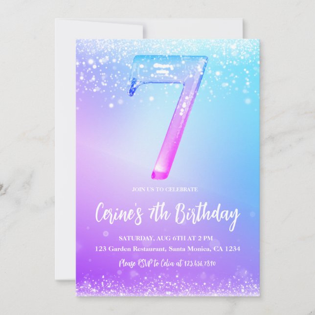 Isnummer vit glitter Flicka 7-årsdag  Inbjudningar (Framsida)