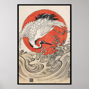 Isoda Koryusai Crane Vågar och stigning sol Poster