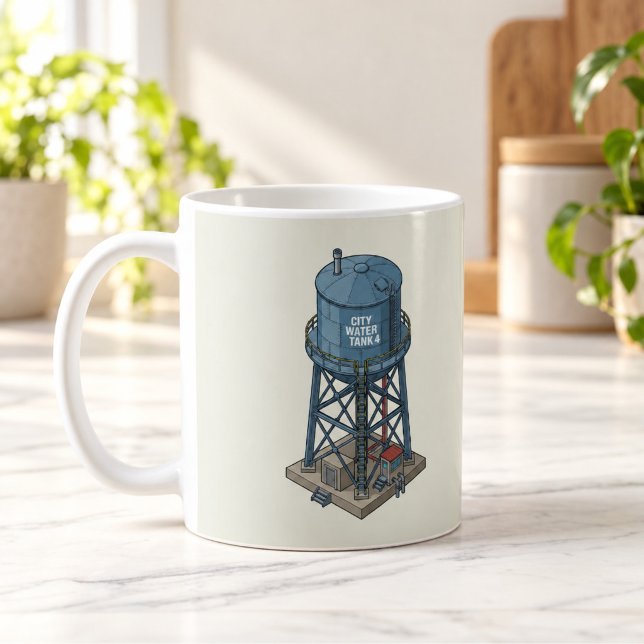 Isometrisk Stadsvattentorn Retro Mugg (Isometric City Water Tower Retro Mug — digital mockup.)