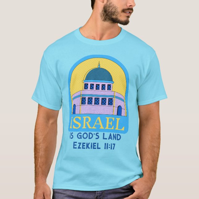 Israel är Guds land Ezekiel 11:17 Blue Gult T Shirt (Framsida)