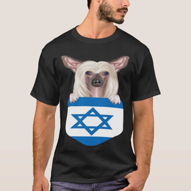 Israel Flag Chinese Crested Dog In Pocket T Shirt (Framsida)
