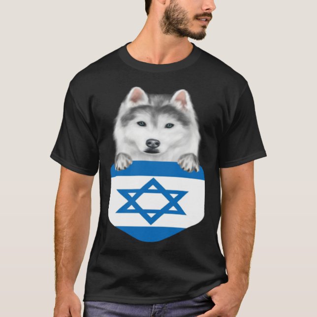 Israel Flag Siberian Husky Dog In Pocket T Shirt (Framsida)
